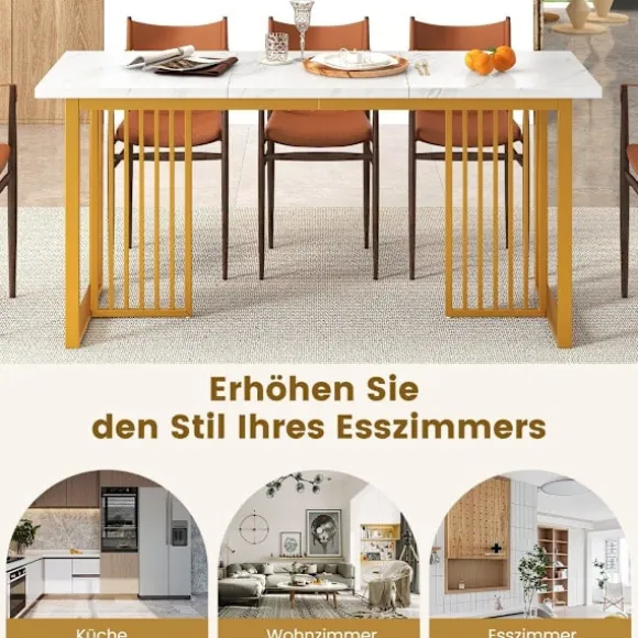 Træ spisebord 160 x 60 cm rektangulært køkkenbord med marmor look og metal ben hvid + guld