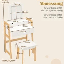 Træ vaskebord med spejl, skammel & 3 skuffer, hvid