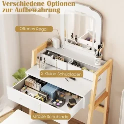 Træ vaskebord med spejl, skammel & 3 skuffer, hvid