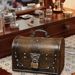 Træskrin, Piratskattekiste Opbevaringsboks Med Forlås, Unikt Håndlavet Vintage Design, Velegnet (8,5 * 5 db