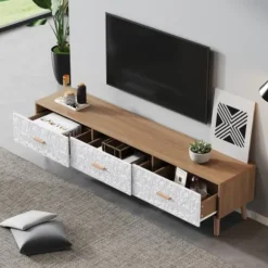 TV Lowboard 150x35x39cm Vintage Design, TV-skab Lavet af Lyst Træ med Hvid Dør, Til Stue & Soveværelse White + Wood