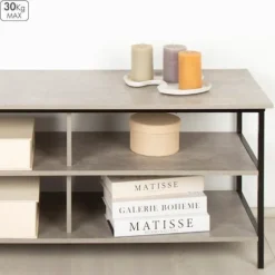 TV sidetable - AKTIVE - 110x40x45 cm - Cement effekt - Sort metalstruktur - Kan bære 30 kg - Moderne design