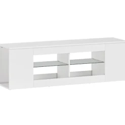 TV-bord med 6 hylder, 2 glashylder, 140 cm, hvid