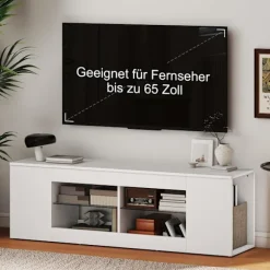 TV-bord med 6 hylder, 2 glashylder, 140 cm, hvid