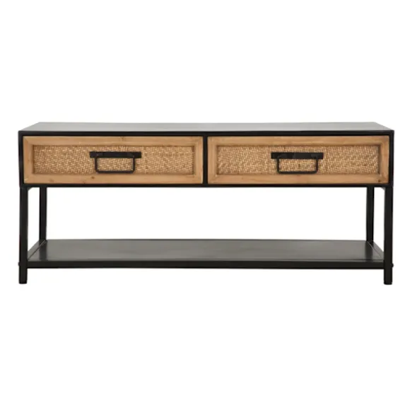 TV-bord, sort metal, 2 træskuffer, rattanstil