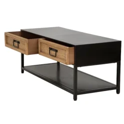 TV-bord, sort metal, 2 træskuffer, rattanstil