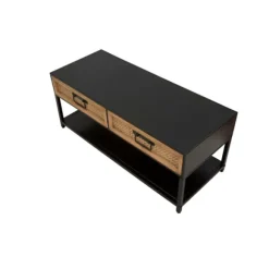 TV-bord, sort metal, 2 træskuffer, rattanstil