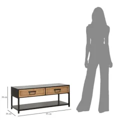 TV-bord, sort metal, 2 træskuffer, rattanstil