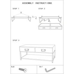 TV-bord, sort metal, 2 træskuffer, rattanstil
