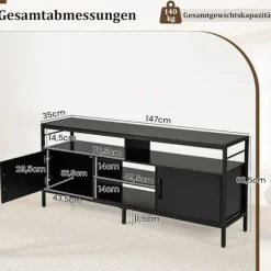 TV-bord til 65" TV med 2 skabe og 4 hylder, sort
