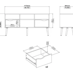 TV-møbel - 4 hylder 2 skuffer - Hvid / Eg - 117,2 x 39,1 x 57,4 cm ARO Vit & Sonoma ek