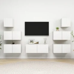 TV-møbel - Eksklusivt hjem - 7 dele - Mat hvid - Ingeniørtræ - Hængende Matt vit