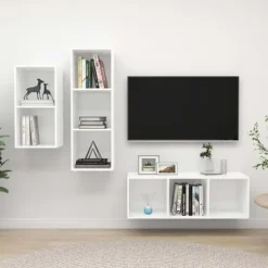 TV-møbel - Eksklusivt hjem - Mat hvid - Ingeniørtræ - Sæt med 3 ophængte dele Vit