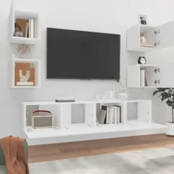 TV-møbel - Eksklusivt hjem - Vægdesign - Ingeniørtræ - Stort opbevaringsrum Vit