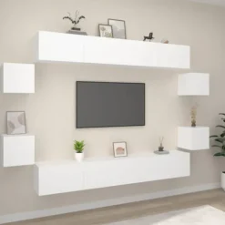TV-møbel - Eksklusivt hjem - Hvid - Væghængt design - Ingeniørtræ (8 dele) Vit