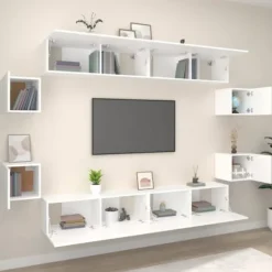 TV-møbel - Eksklusivt hjem - Hvid - Væghængt design - Ingeniørtræ (8 dele) Vit