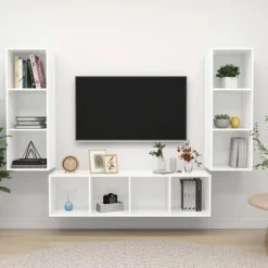 TV-møbel - Eksklusivt hjem - Sæt 3 dele - Mat hvid - Ingeniørtræ - Stor opbevaring Matt vit