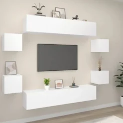 TV-møbel - Eksklusivt hjem - 8 dele - Væghængt design - Lakeret ingeniørtræ Vit