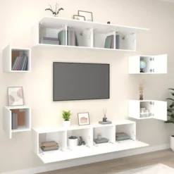 TV-møbel - Eksklusivt hjem - 8 dele - Væghængt design - Lakeret ingeniørtræ Vit