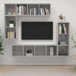 TV-møbel - Sæt 4 stk - Betongrå - Ingeniørtræ - Hængende, stor opbevaring Betonggrå