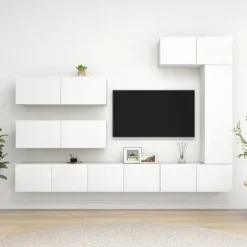 TV-møbel - Sæt 7 stk - Mat hvid - Ingeniørtræ - Væghængt Matt vit