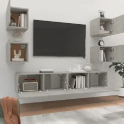 TV-møbel - Sæt 6 stk. Maison Exclusive - Betongrå - Væghængt design - Ingeniørtræ Betonggrå
