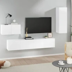 TV-møbel - Sæt med 4 dele - Ingeniørtræ - Hvid - Vægmonterbar Vit