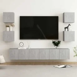 TV-møbel sæt - 7 dele TV-møbel sæt - Beton grå - Ingeniørtræ - Væghængt Betonggrå
