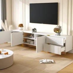 TV-skab 190 cm hvid/guld med træstruktur, 3 døre & 2 skuffer, elegant medieskab Gold+White