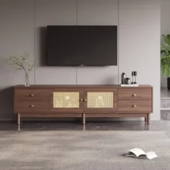 TV-skab 180 cm, mørkt trælook, med 2 rattanlåger & 4 skuffer, til TV op til 80 tommer, med kabelstyring Brown