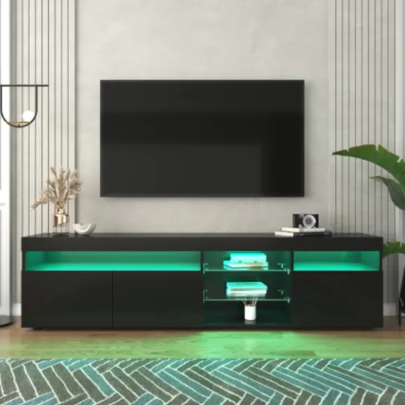 TV-skab 180 cm sort med LED-belysning, lyst panel & opbevaring til stuen Black