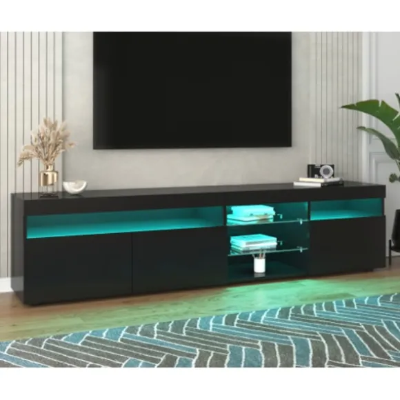 TV-skab 180 cm sort med LED-belysning, lyst panel & opbevaring til stuen Black