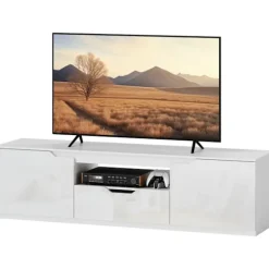 Tv-skab lowboard med 2 låger, skuffe, 160 cm lang tv-stand til tv op til 65 tommer, tv-plade med kabelstyring til stue, hvid