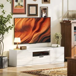 Tv-skab lowboard med 2 låger, skuffe, 160 cm lang tv-stand til tv op til 65 tommer, tv-plade med kabelstyring til stue, hvid