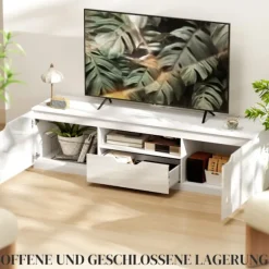 Tv-skab lowboard med 2 låger, skuffe, 160 cm lang tv-stand til tv op til 65 tommer, tv-plade med kabelstyring til stue, hvid