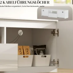 Tv-skab lowboard med 2 låger, skuffe, 160 cm lang tv-stand til tv op til 65 tommer, tv-plade med kabelstyring til stue, hvid