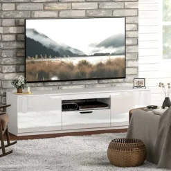 Tv-skab lowboard med 2 låger, skuffe, 160 cm lang tv-stand til tv op til 65 tommer, tv-plade med kabelstyring til stue, hvid