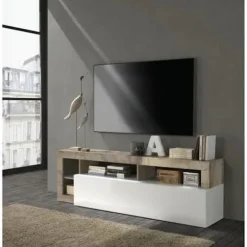 TV-skab med 1 låge - Lakeret hvid finish og vintage træeffekt - L 184 x D 42 x H 56 cm - MAESTRO vintage träeffekt / Blank Vitlacker
