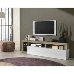 TV-skab med 1 låge - Lakeret hvid finish og vintage træeffekt - L 184 x D 42 x H 56 cm - MAESTRO vintage träeffekt / Blank Vitlacker