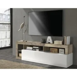 TV-skab med 1 låge - Lakeret hvid finish og vintage træeffekt - L 184 x D 42 x H 56 cm - MAESTRO vintage träeffekt / Blank Vitlacker
