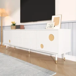 TV-skab med gitterstruktur, skjulte håndtag og gulddetaljer | 2 døre massivt træ | Mid-Century design stuemøbel White