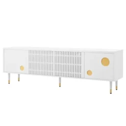 TV-skab med gitterstruktur, skjulte håndtag og gulddetaljer | 2 døre massivt træ | Mid-Century design stuemøbel White