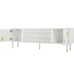 TV-skab med gitterstruktur, skjulte håndtag og gulddetaljer | 2 døre massivt træ | Mid-Century design stuemøbel White