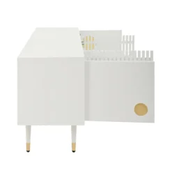 TV-skab med gitterstruktur, skjulte håndtag og gulddetaljer | 2 døre massivt træ | Mid-Century design stuemøbel White