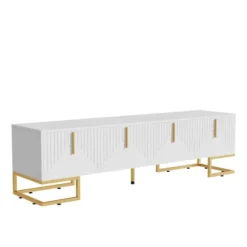 TV-skab med guldfarvede håndtag og fødder, lowboard med tekstureret låge, elegante TV-møbler, moderne White