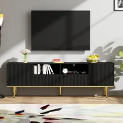 TV-skab med guldfødder og guldkant - Moderne TV-møbel med opbevaringsplads Black