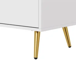 TV-skab med LED-belysning, 180x40x50 cm, lavt skænk med glasfront og guldfødder, opbevaringsplads, hvid White