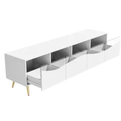 TV-skab med LED-belysning, 180x40x50 cm, lavt skænk med glasfront og guldfødder, opbevaringsplads, hvid White
