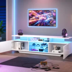 TV-skab med LED-lys, 160x40x45 cm, med 2 skabe & 8 hylder, til TV op til 70 tommer, højglans White