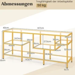 Tv-skab Tv-bord til fjernsyn op til 65 tommer Tv-bord guld 147 x 40 x 62 cm